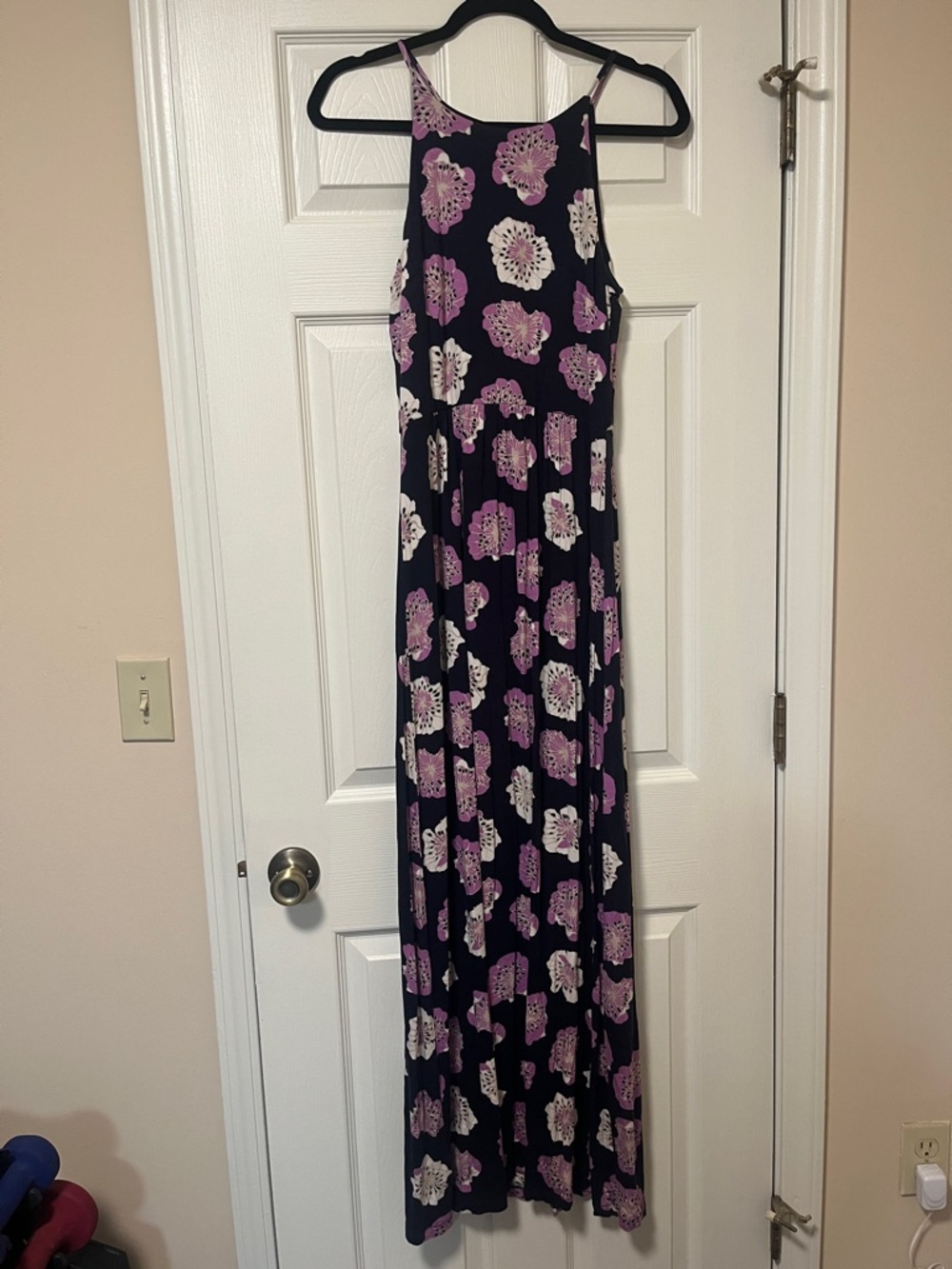 Navy Floral Halter Maxi Dress with Purple & White Blooms